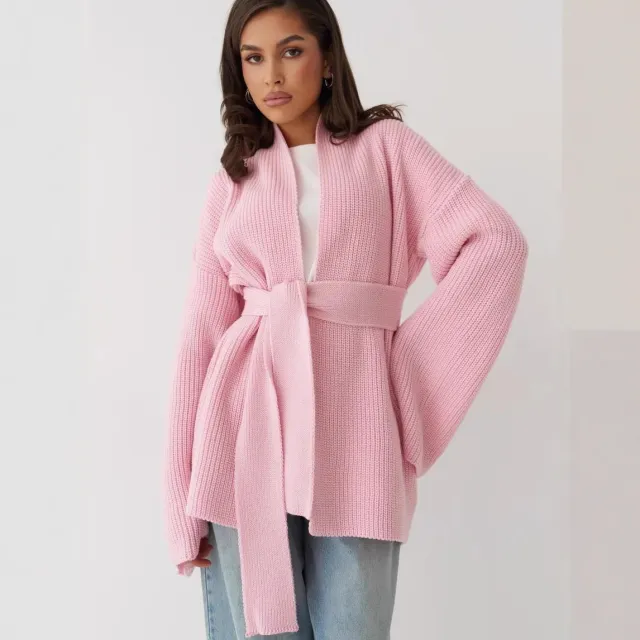 Women's Knitted Sweater Top Coat Lace up Cardigan Pink - Shop at LoveMi