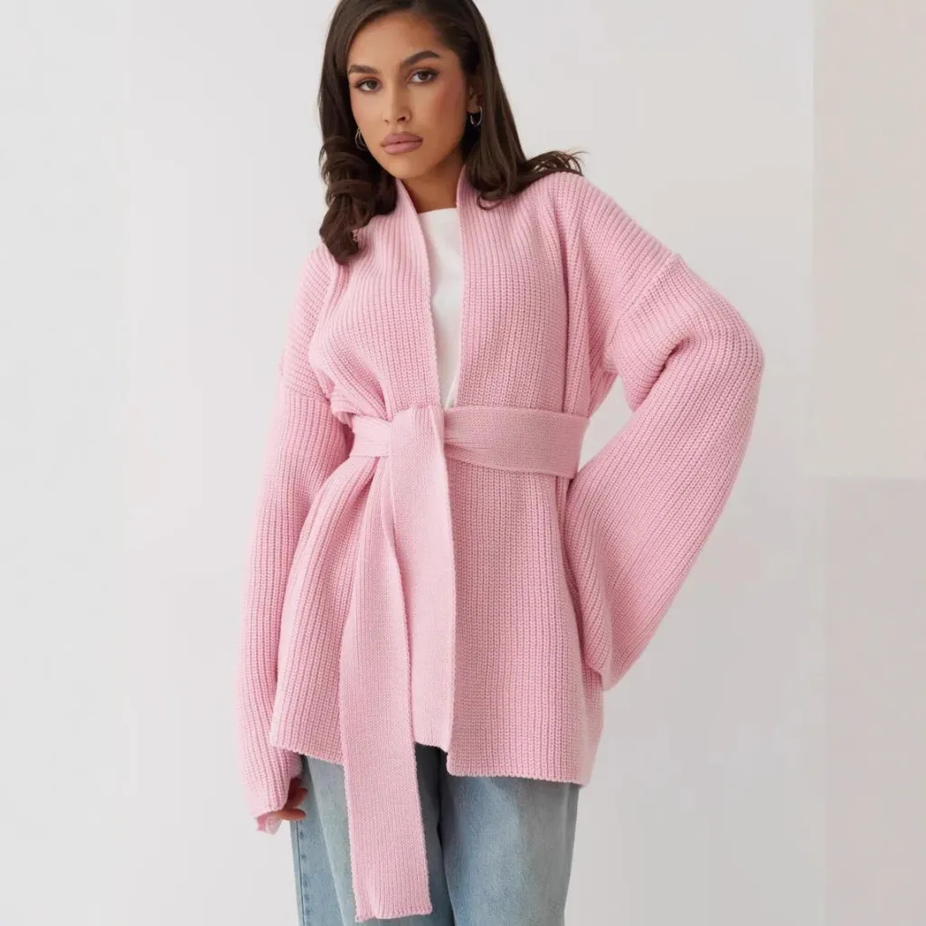 Women's Knitted Sweater Top Coat Lace-up Cardigan - Pink