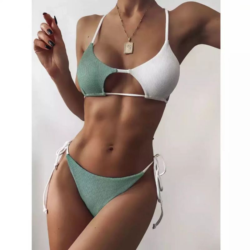 Plain Rib Fabric High Waist Color Swimsuit White And Green - Shop at LoveMi
