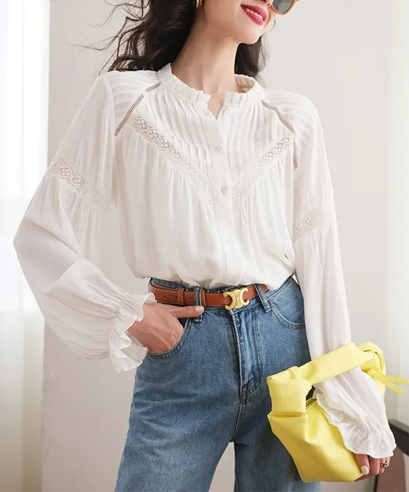 Patchwork French Design Style White Shirt White - Shop at LoveMi