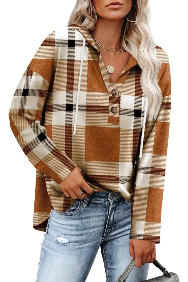 Women's Top V neck Buttons Long sleeved Sweater Shirt Brown Plaid - Shop at LoveMi