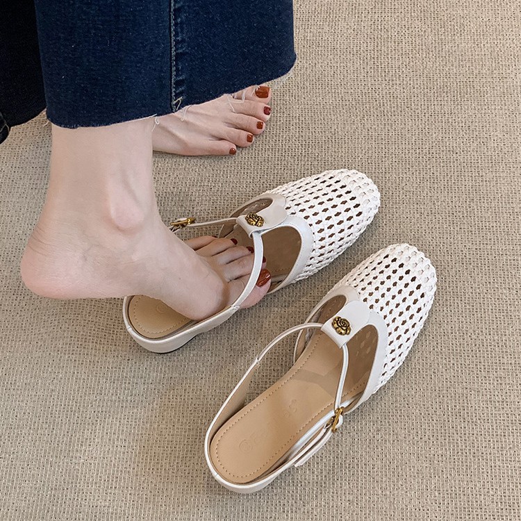 Insole-height-increasing Square-toe Woven Thong-style Sandals With Buckle Straps Closed-toe Shoes