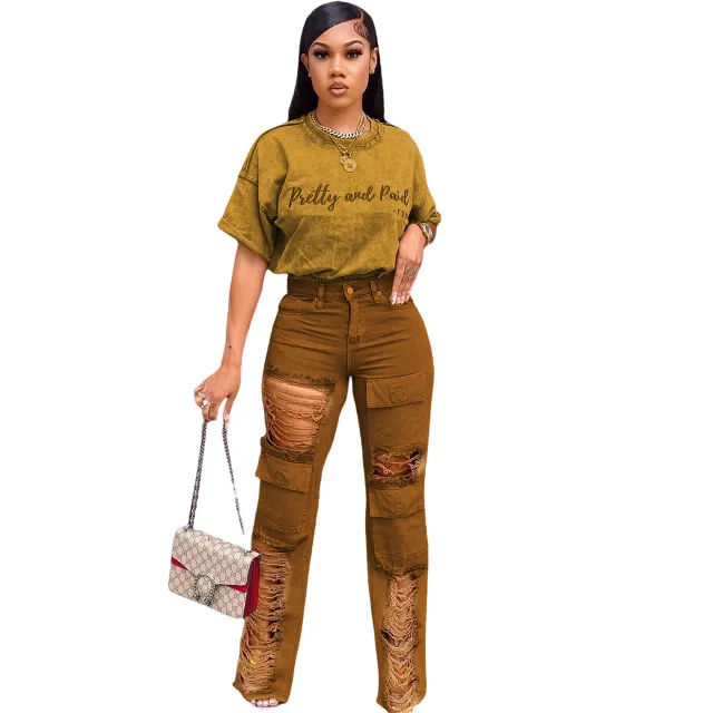 Denim With Hole Set Embroidery Letter Set Khaki - Shop at LoveMi