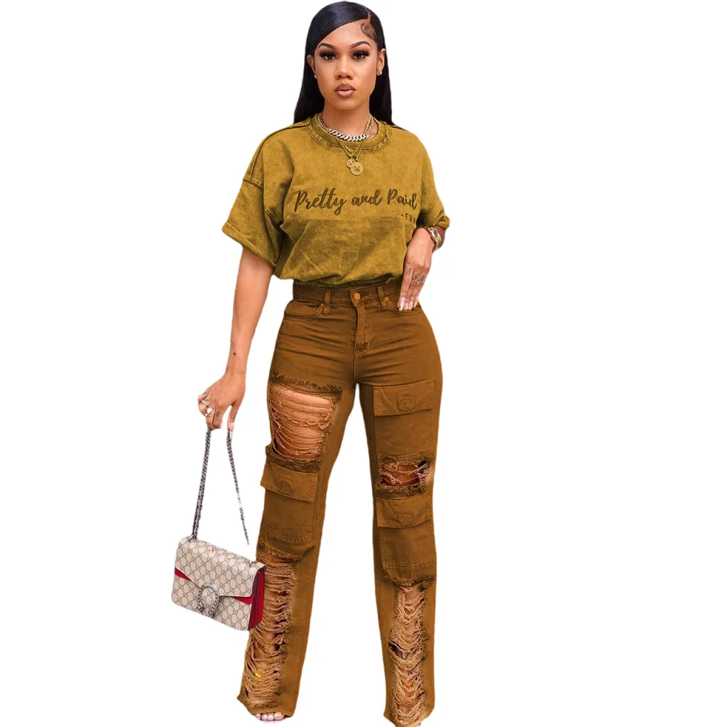 Denim With Hole Set Embroidery Letter Set - Khaki