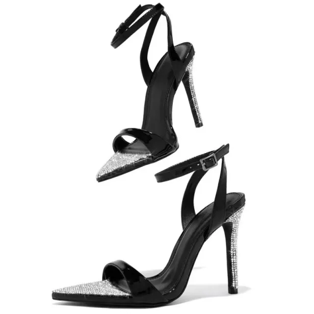 Buckle Rhinestone Stiletto Peep Toe Catwalk Show High Heels Open Toe Black - Shop at LoveMi