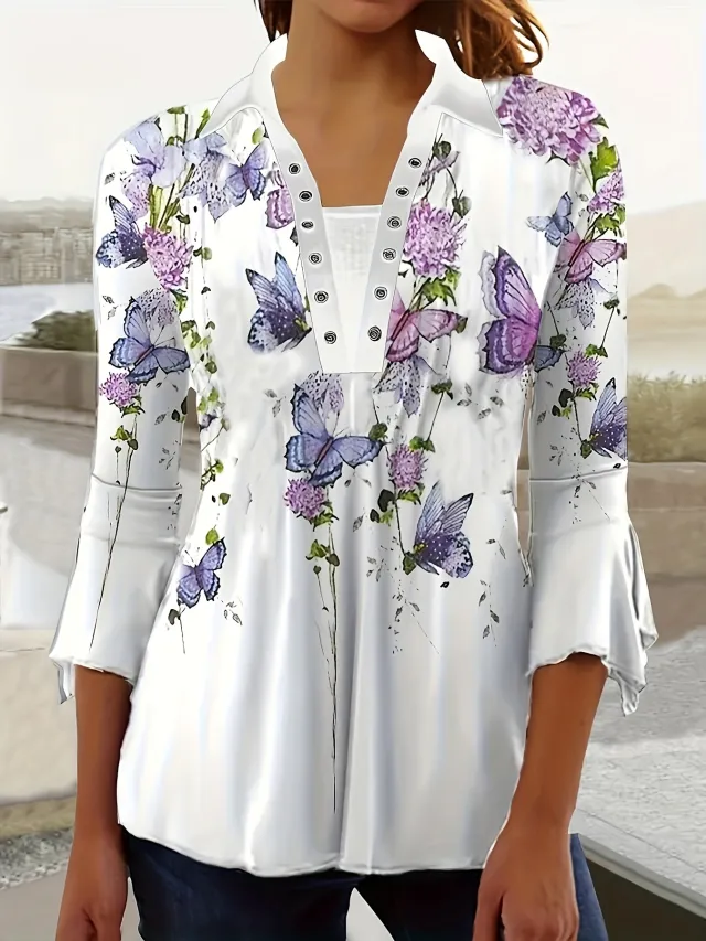 Printing Lapel Top Irregular Sleeve T shirt 13Color S - Shop at LoveMi