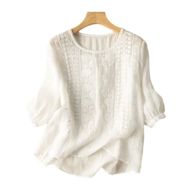Embroidered Loose Artistic Vintage Cotton And Linen T shirt White - Shop at LoveMi