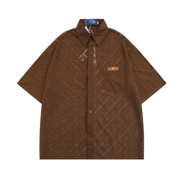 Hollow out Crocheted Lace Short sleeved Shirt Brown - Shop at LoveMi
