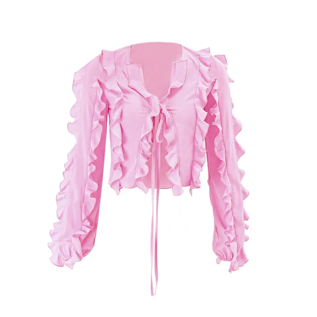 Girl's Heart Bow Tied V neck Ruffled Short Top Pink - Shop at LoveMi