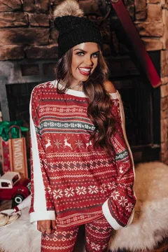 Christmas Loose Round Neck Print Homewear Suits Casual Two-piece Suit - Red - View 1