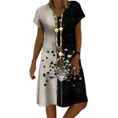 Spring And Summer European And American Women's Clothing Printed V-neck Short Sleeve Mid-length Dress - White - View 1