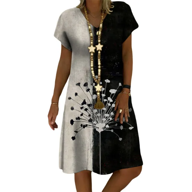 Spring And Summer European And American Women's Clothing Printed V neck Short Sleeve Mid length Dress White - Shop at LoveMi