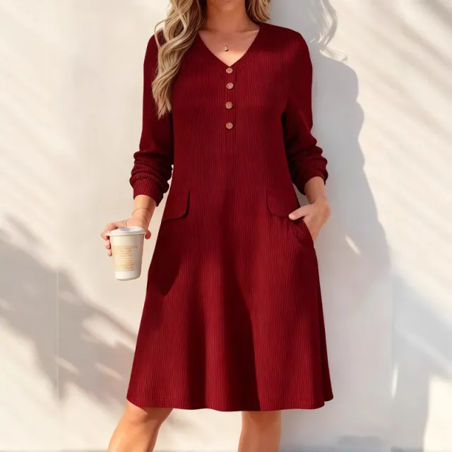 Women's Fashion Casual Long Sleeve Knitted Dress Wine Red - Shop at LoveMi