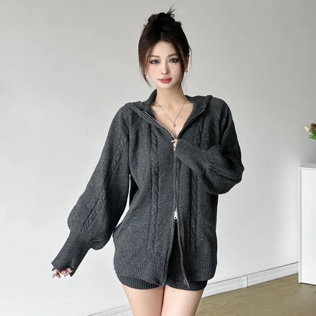 Loose Zip Cardigan Sweater High Waist Fake Two piece Shorts Cardigan Sweater - Shop at LoveMi