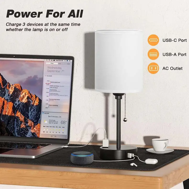 Taye C USB Mobile Phone Charging Fabric Table Lamp Study Bedroom Light American Standard Zipper Switch