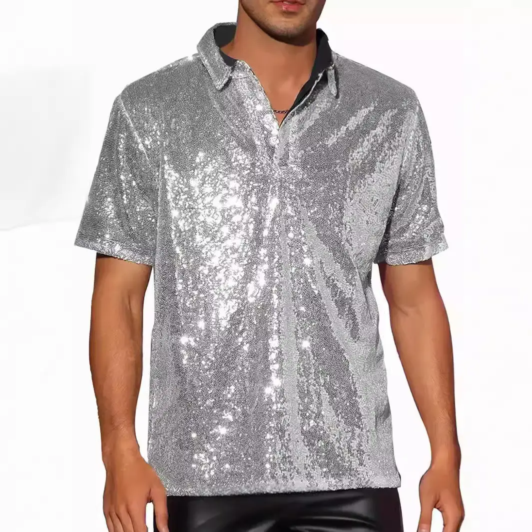 Mens Glitter-Embellished Vintage Disco Polo Shirt