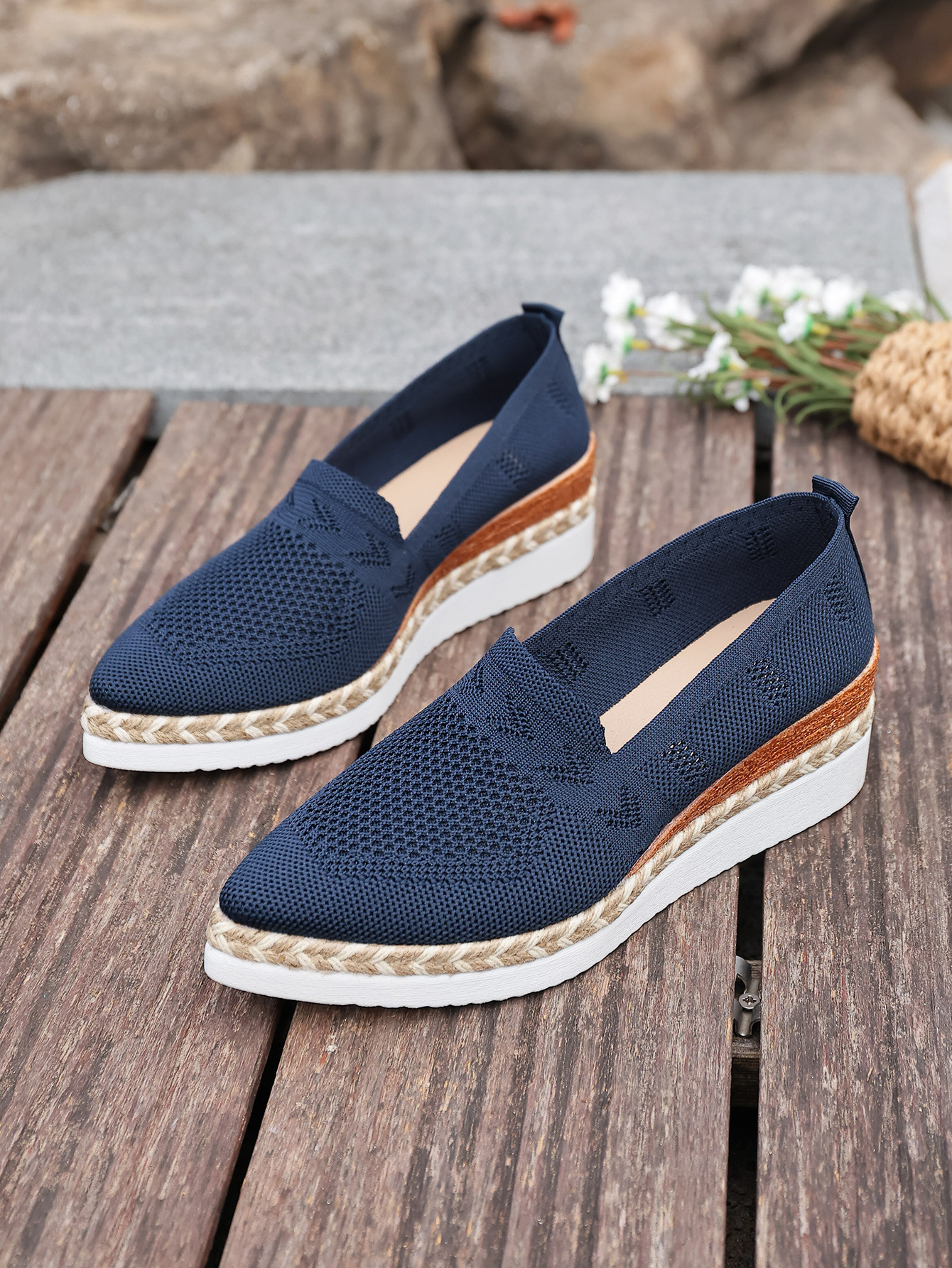 Women’s Woven Rope Platform Snakeskin Pointed-Toe Flats