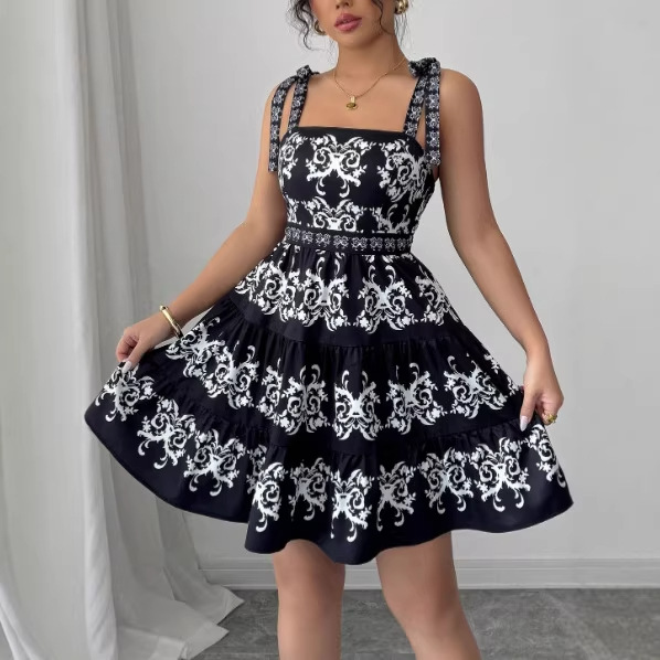 New Stylish Retro Minimalist Burnt-Flower Lace-Up Strap Black Short Dress New Stylish Retro Minimalist Burnt-Flower Lace-Up Strap Black Short Dress - Image 4