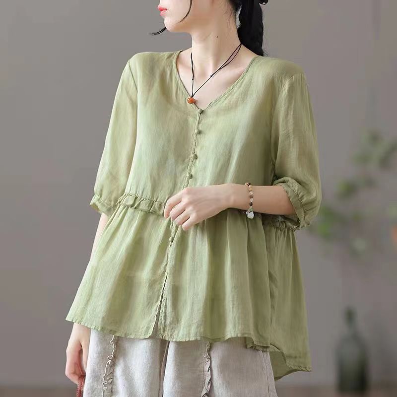 Loose V-neck Half Sleeve Cotton Linen Shirt