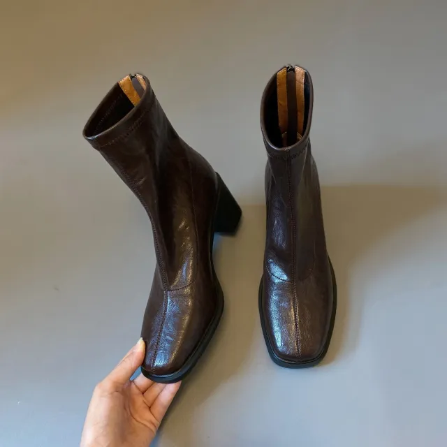 Commuter High Heel Stretch Retro Boots With Chunky Heels Brown - Shop at LoveMi