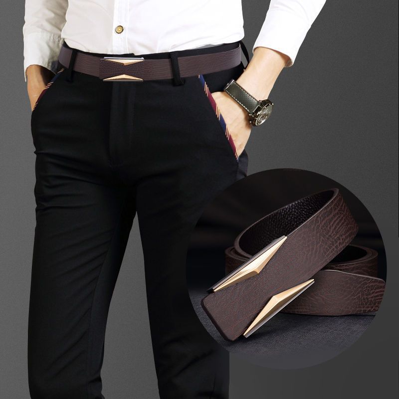 Mens Belt Smooth-surfaced Plain Buckle Coffee-colored Minimalist