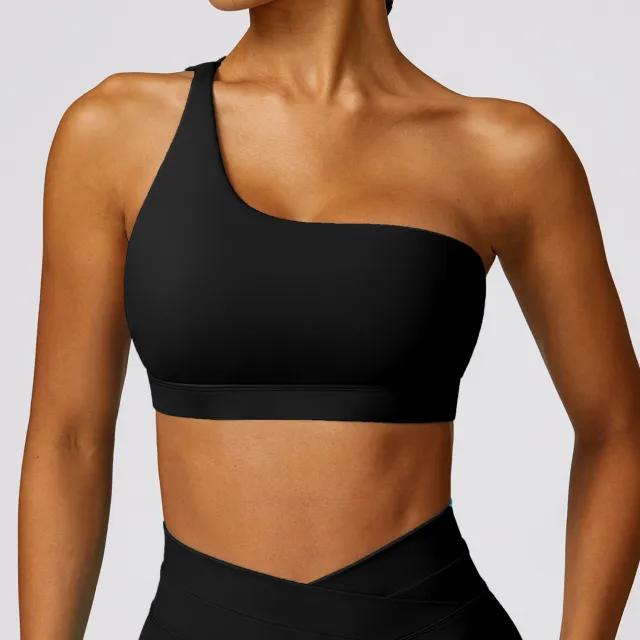 Women's One shoulder Beauty Back Yoga Bra Quick drying Workout Top Black - Shop at LoveMi