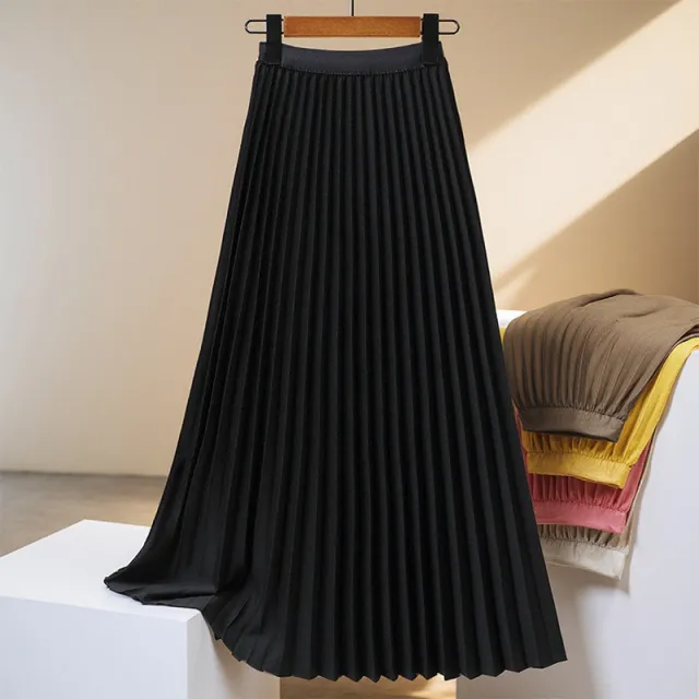 Women's Solid Color Fashion Pleated High Waist Pleated Skirt Black - Shop at LoveMi