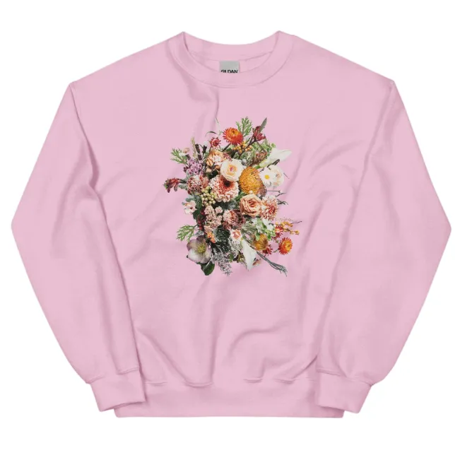 European And American Bouquet Printed Round Neck Long Sleeve Pullover - Pink