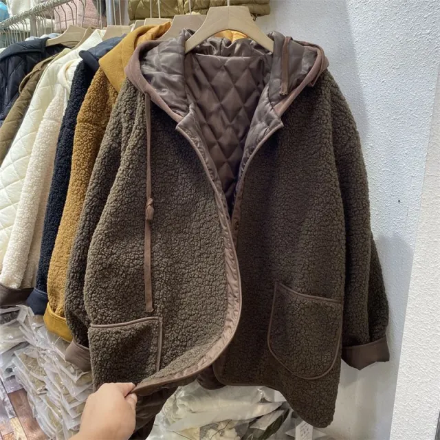 Patchwork False Two piece Sweaters Hooded Loose All match Plus Size Woolen Coat Brown No Added Cotton - Shop at LoveMi