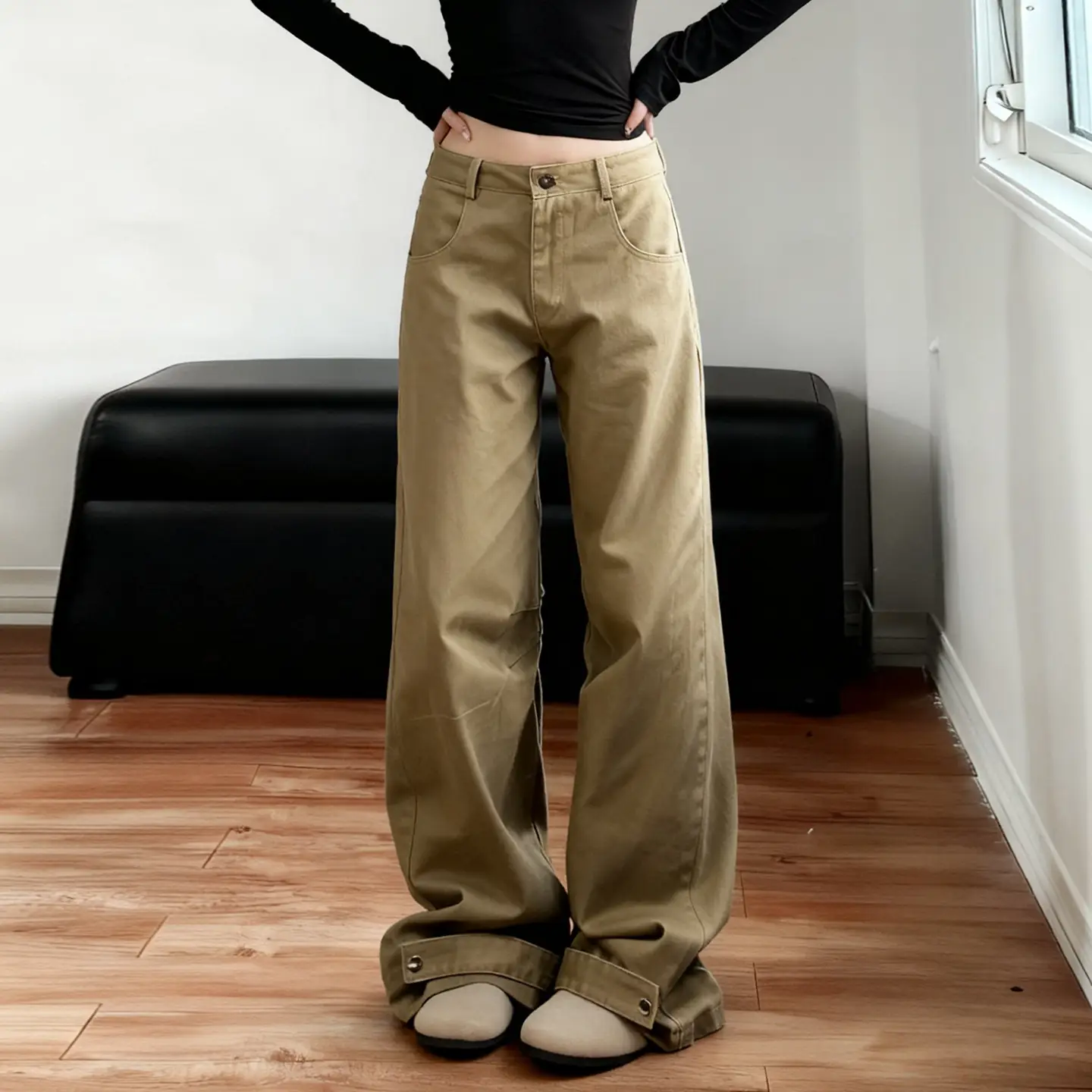 Simple, Everyday Basic Design Solid-color Straight-leg Wide-leg Jeans