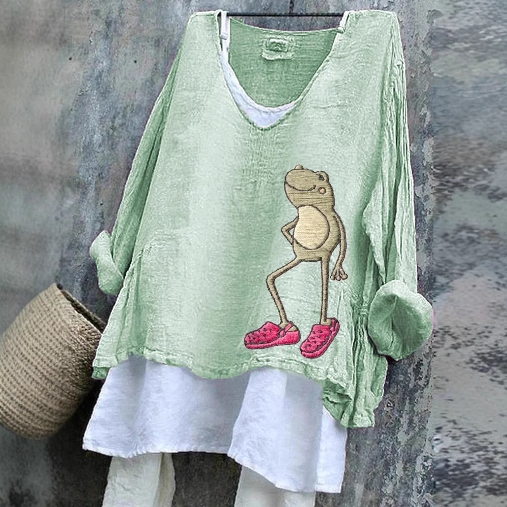 Womens Loose Casual Long-Sleeve 3D-Printed Pullover T-Shirt