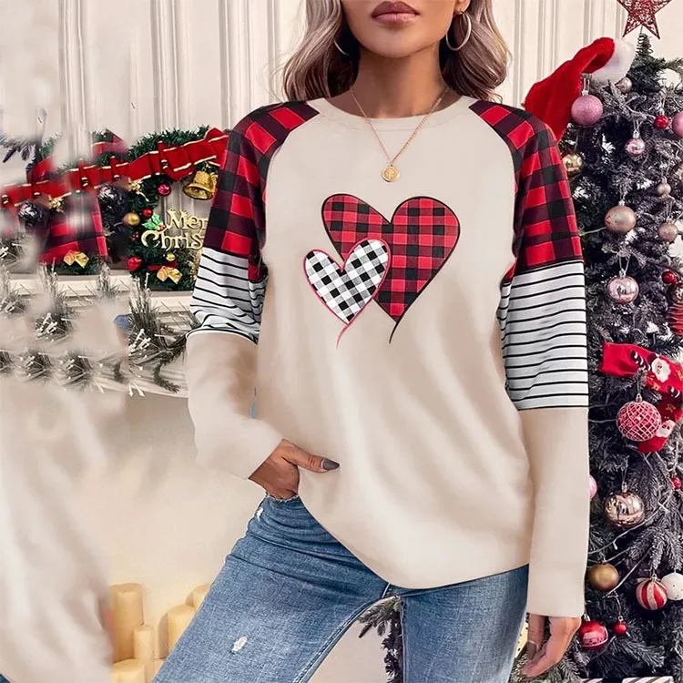 Women's Round Neck Long-sleeved Sweater Women's Plaid - Apricot