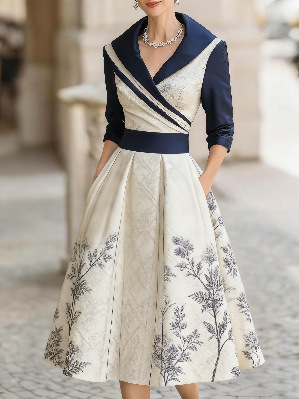 Womens Elegant 3D Digital Print Long-Sleeve Dress