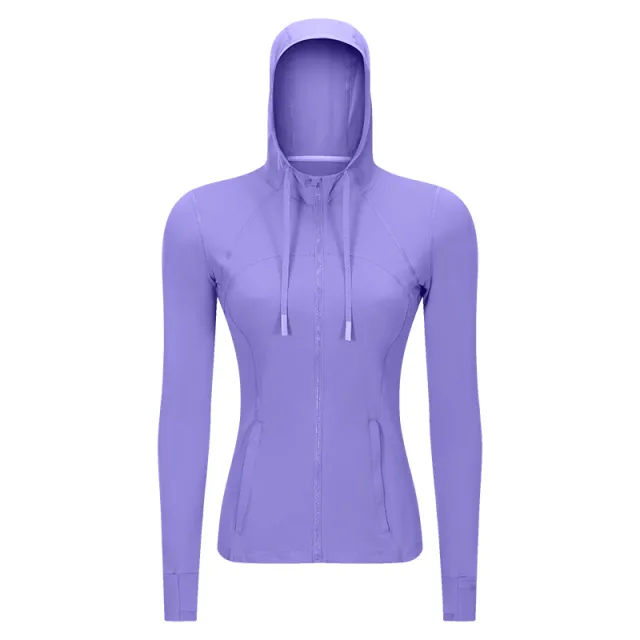 Women's Sports Hooded Jacket Slim fit Zipper Elastic Running Yoga Clothes Platycodon Grandiflorum Purple - Shop at LoveMi