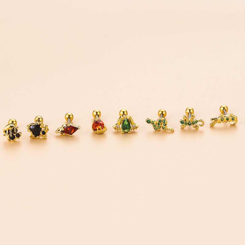 Colorful Zircon Gecko Snake-shaped Mini Animal Ear Bone Stud Piercing Earrings