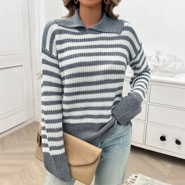Top Women's Loose Lapels Striped Long Sleeve Gray - Shop at LoveMi