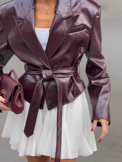 Lychee Pattern Leather Coat Slim Fit Fitted Waist Turn-down Collar Tie-front Top - Wine Red - View 1