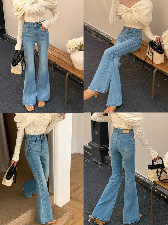 Women's High Waist Stretch Slim Bell bottom Pants Blue - Shop at LoveMi