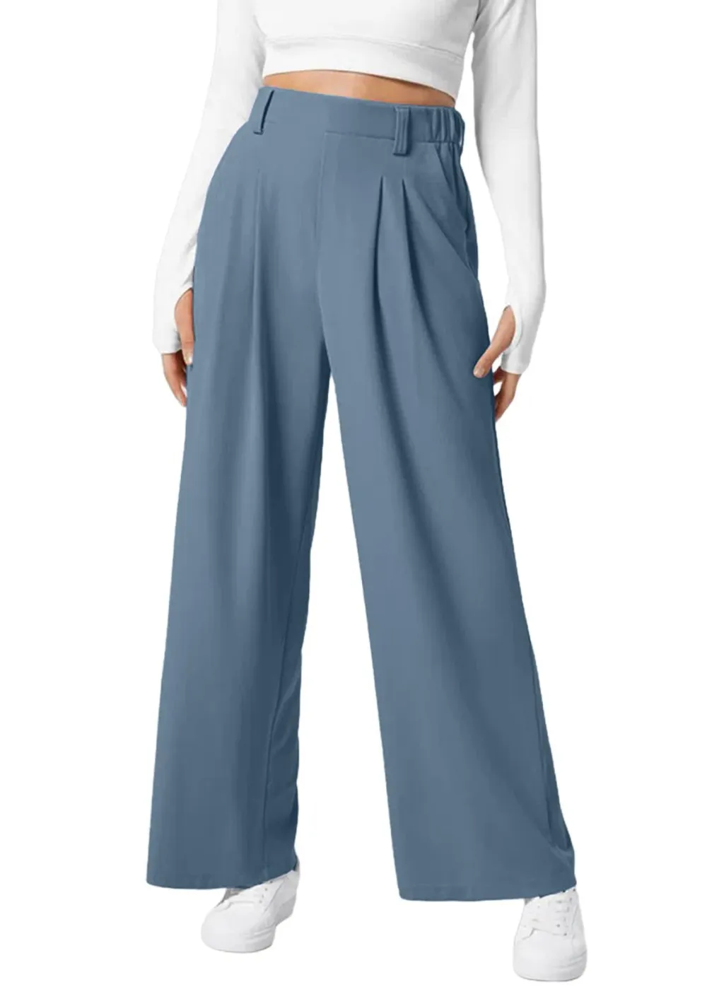 Women's Wide Leg Pants Elastic High Waist Waffle Knit Casual - Navy