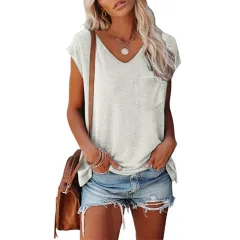 Women's Solid Colour Vest Pocket V-neck Short-sleeved T-shirt With Shoulder - White - View 1