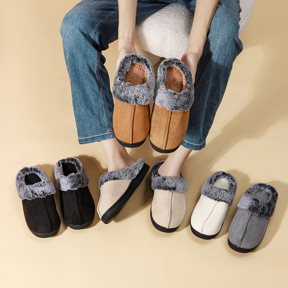 Fleece-lined Warm Cotton Slippers For Home Use