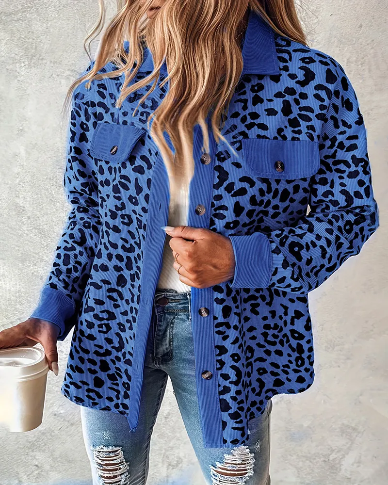 Women's Leopard Print Contrast Color Long-sleeved Jacket - Blue