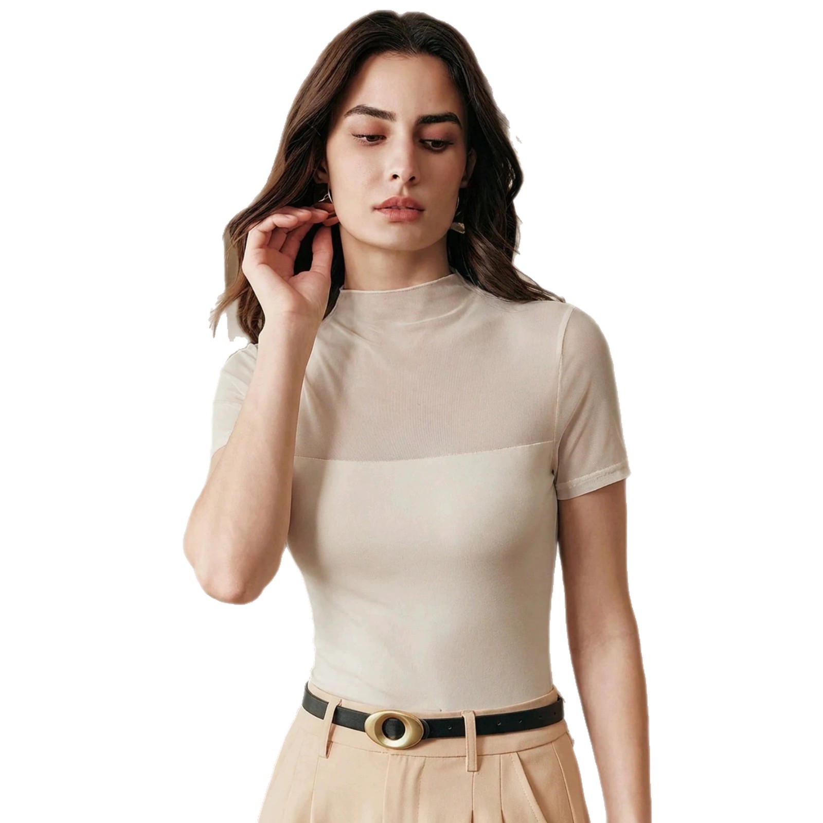 Solid-color Mesh Patchwork Spicy Chic Figure-flattering Sheer Short Sleeves — foto 6