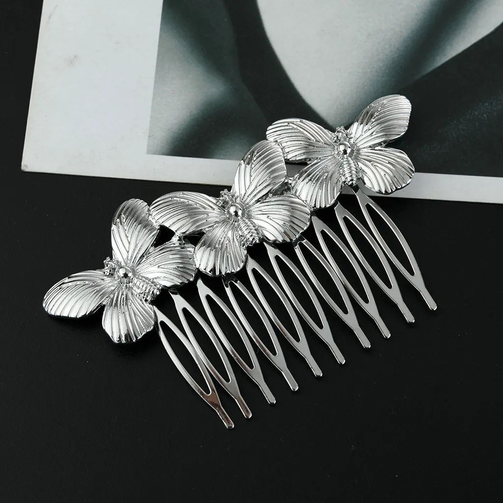 Golden Leaf Butterfly Vintage Alloy Hair Comb - Butterfly Silver