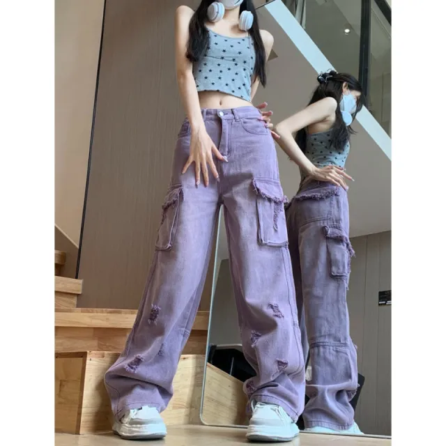 Summer Retro Sweet Cool Style Purple Washed Distressed Straight Wide Leg Jeans For Women Purple - Shop at LoveMi