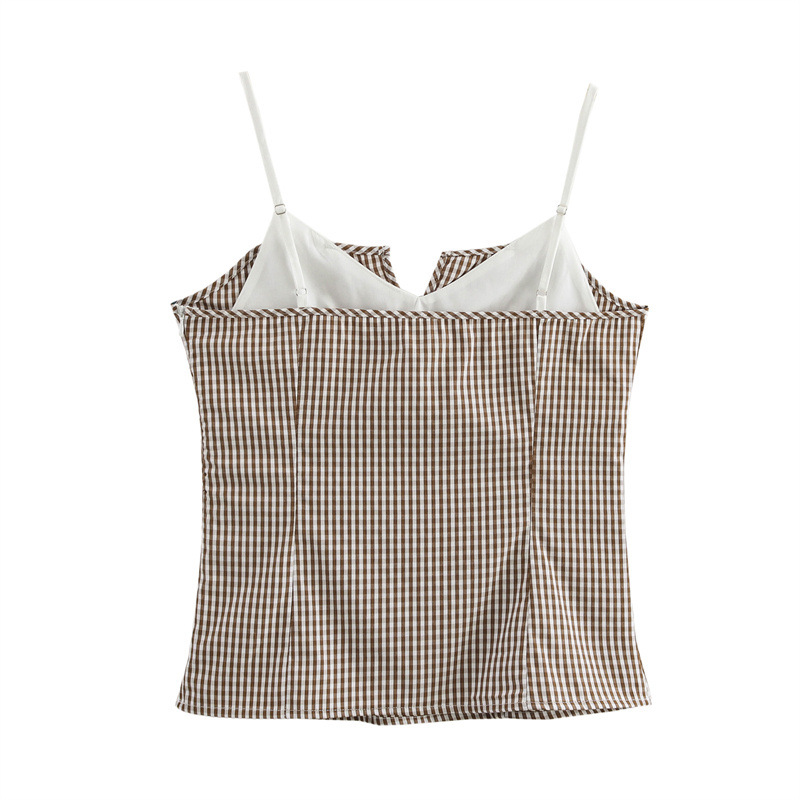 European And American Style French Fashion Stitching Small Plaid Stretch Top