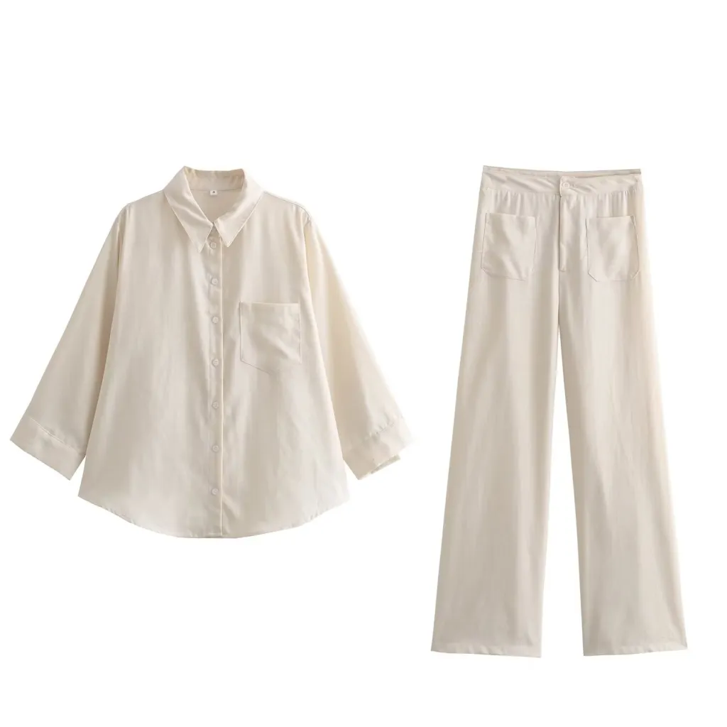 Women's Lapel Single Breasted Patch Pocket Long Sleeve Shirt Wide Leg Casual Trousers - Suit-M