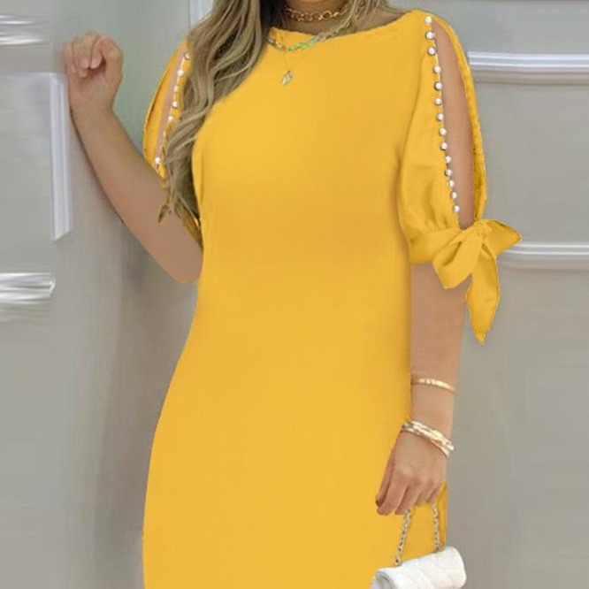Foam Beads Lace-up Sleeve Round Neck Dress