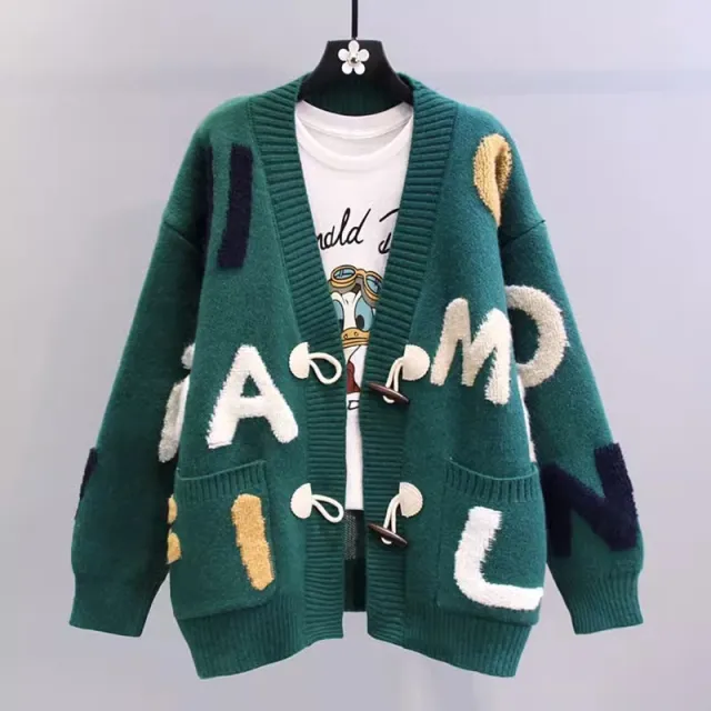 Horn Button Letter Sweater Coat For Women Green - Shop at LoveMi