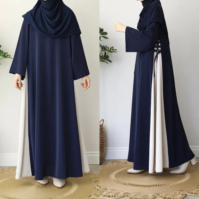 Color Matching Side Drawstring Loose fitting Casual Round neck Dress Navy - Shop at LoveMi